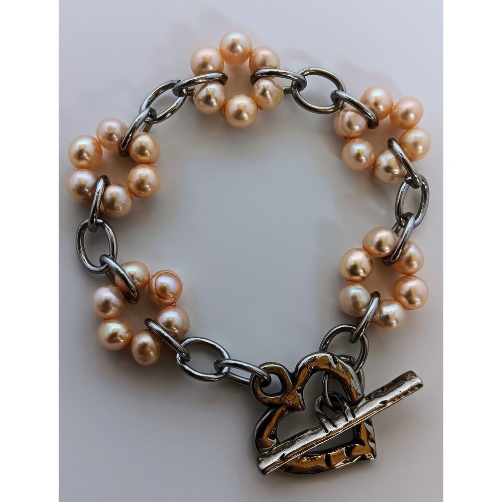 Sweet Silvertone & Faux Pearl Bracelet Heart Toggle Clasp 8 in